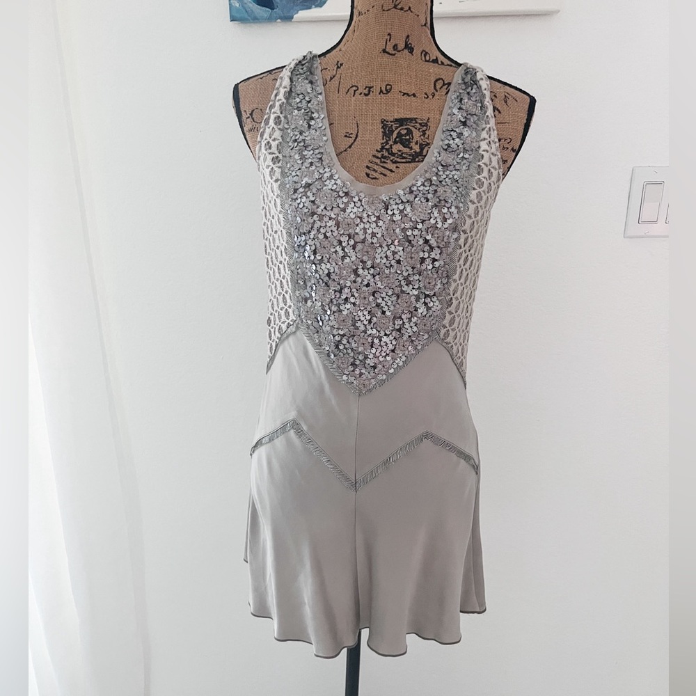 Silver Sequin Embellished 100% silk Mini dress